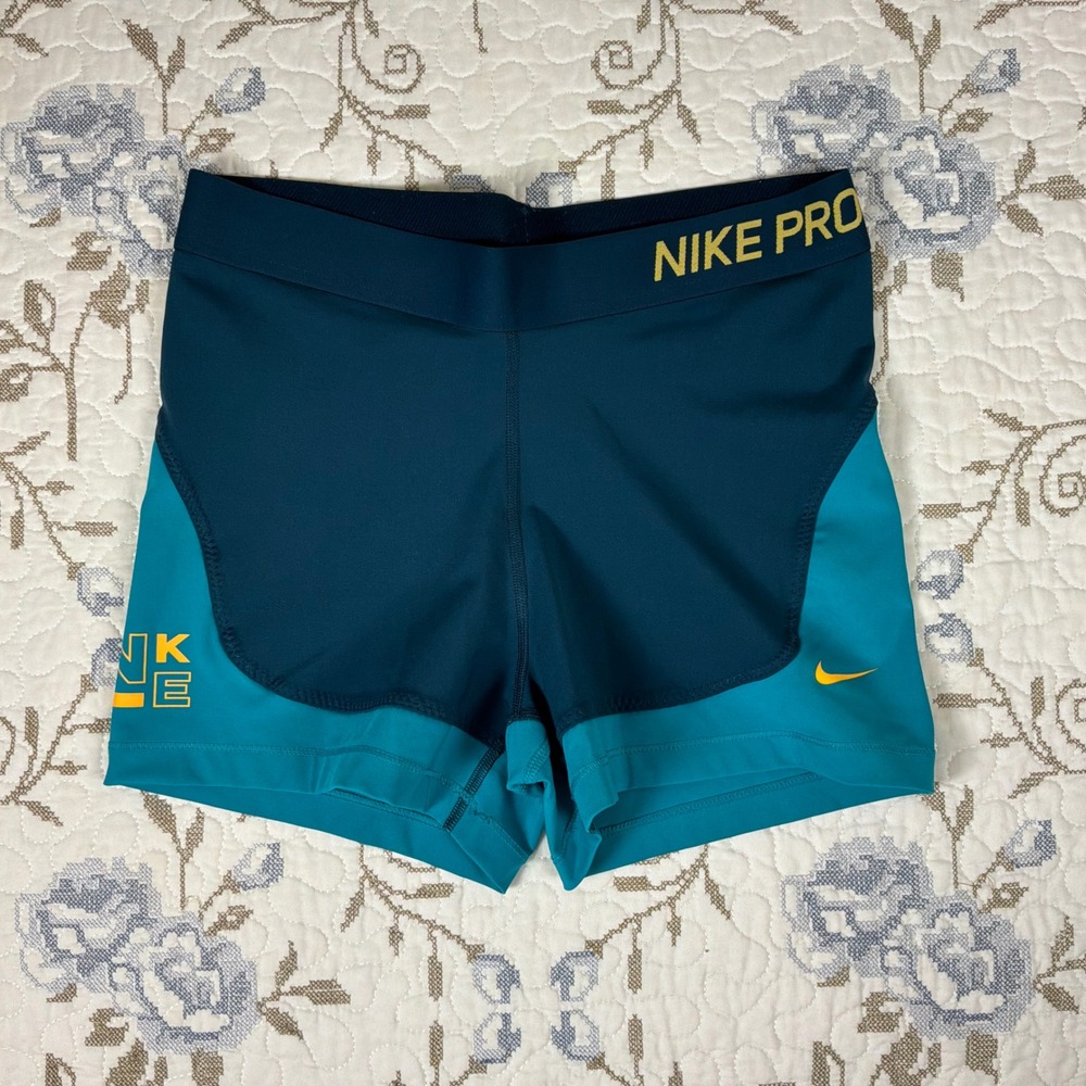 Nike Pro Compression Shorts Women Large Teal Blue Yellow Excellent Dri-FIT